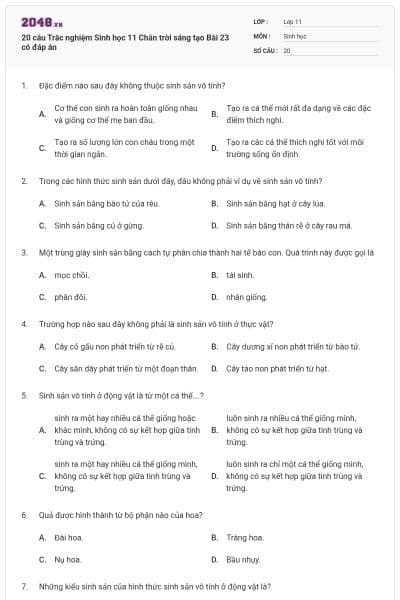 20 câu Trắc nghiệm Sinh học 11 Chân trời sáng tạo Bài 23 có đáp án