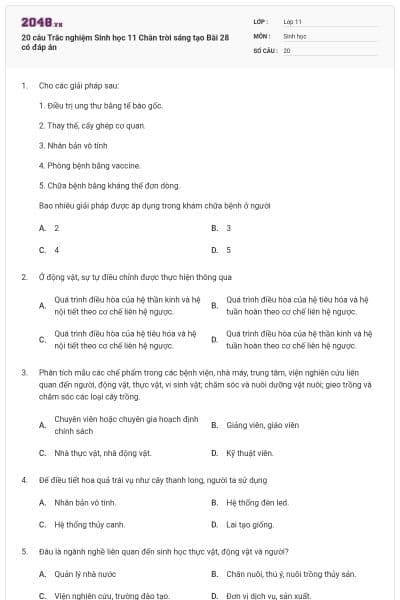 20 câu Trắc nghiệm Sinh học 11 Chân trời sáng tạo Bài 28 có đáp án