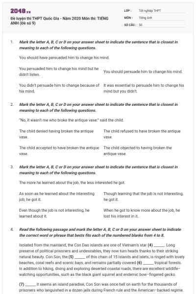 Đề luyện thi THPT Quốc Gia - Năm 2020 Môn thi: TIẾNG ANH (Đề số 9)