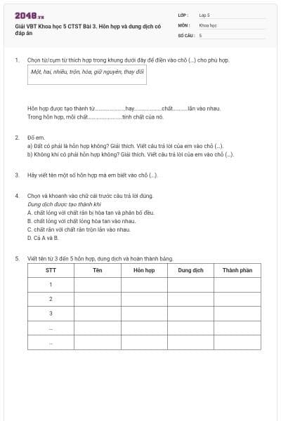 Giải VBT Khoa học 5 CTST Bài 3. Hỗn hợp và dung dịch có đáp án