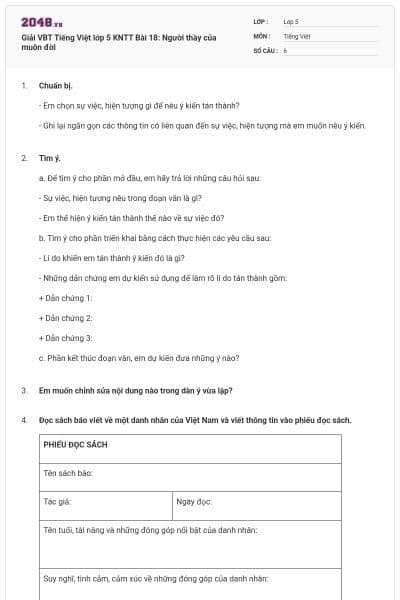 Giải VBT Tiếng Việt lớp 5 KNTT Bài 18: Người thầy của muôn đời