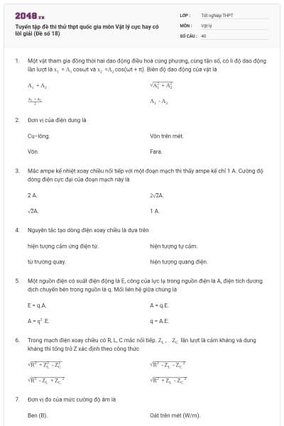 Tuyển tập đề thi thử thpt quốc gia môn Vật lý cực hay có lời giải (Đề số 18)