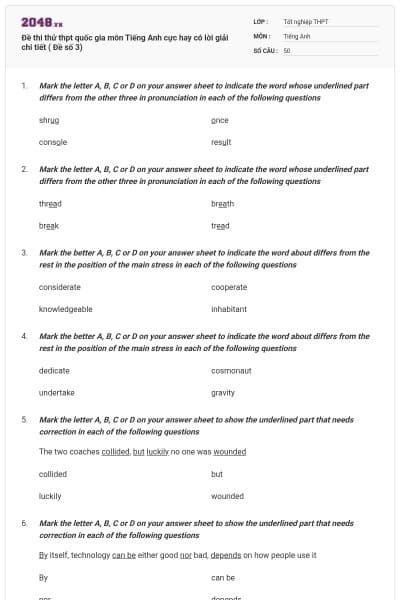 Đề thi thử thpt quốc gia môn Tiếng Anh cực hay có lời giải chi tiết ( Đề số 3)