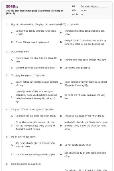 300 câu Trắc nghiệm tổng hợp Đầu tư quốc tế có đáp án (Phần 7)