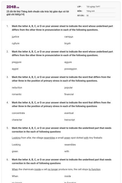 25 đề thi thử Tiếng Anh chuẩn cấu trúc bộ giáo dục có lời giải chi tiết(p14)