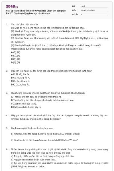 Giải SBT Khoa học tự nhiên 9 Phần Hóa Chân trời sáng tạo Bài 17: Dãy hoạt động hóa học của kim loại