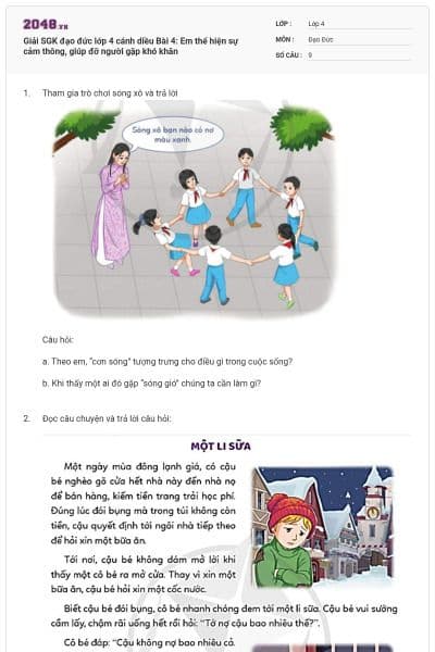 Giải SGK đạo đức lớp 4 cánh diều Bài 4: Em thể hiện sự cảm thông, giúp đỡ người gặp khó khăn