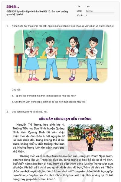 Giải SGK đạo đức lớp 4 cánh diều Bài 10: Em nuôi dưỡng quan hệ bạn bè