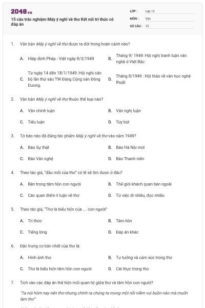 15 câu trắc nghiệm Mấy ý nghĩ về thơ Kết nối tri thức có đáp án