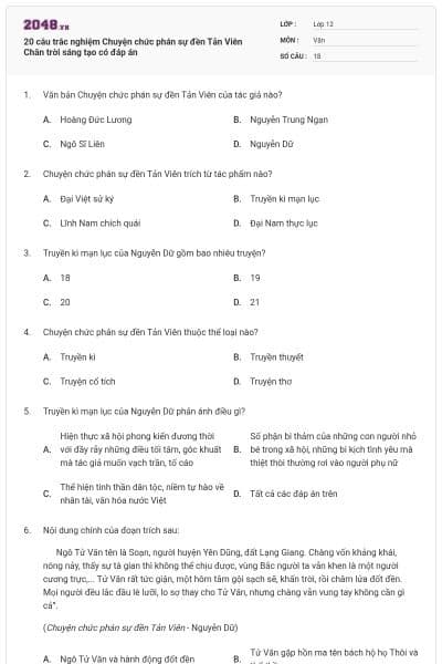 20 câu trắc nghiệm Chuyện chức phán sự đền Tản Viên Chân trời sáng tạo có đáp án