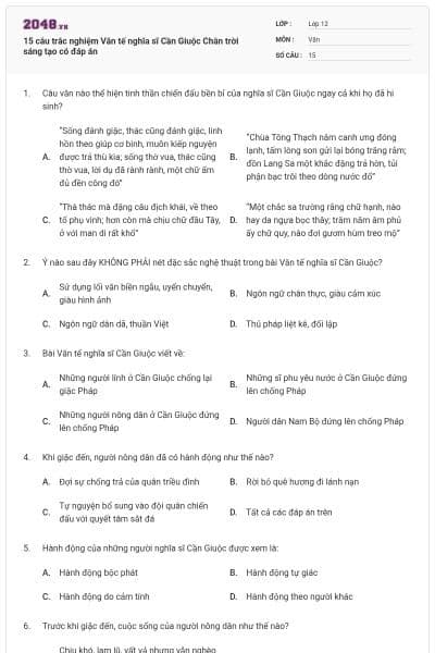 15 câu trắc nghiệm Văn tế nghĩa sĩ Cần Giuộc Chân trời sáng tạo có đáp án