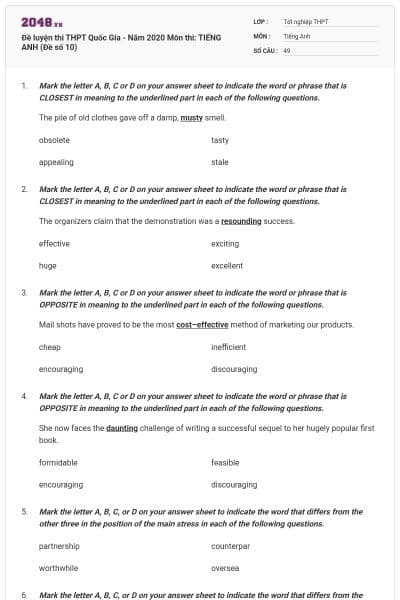 Đề luyện thi THPT Quốc Gia - Năm 2020 Môn thi: TIẾNG ANH (Đề số 10)