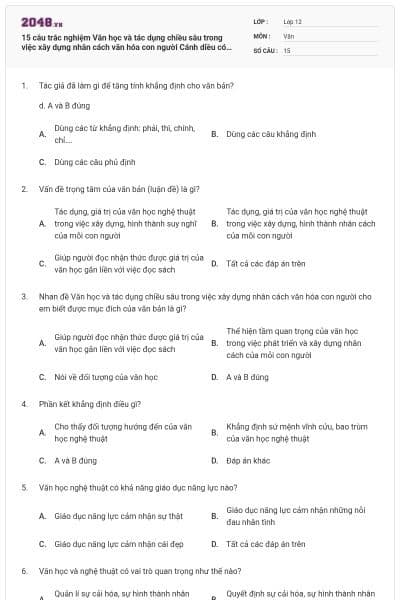15 câu trắc nghiệm Văn học và tác dụng chiều sâu trong việc xây dựng nhân cách văn hóa con người Cánh diều có đáp án