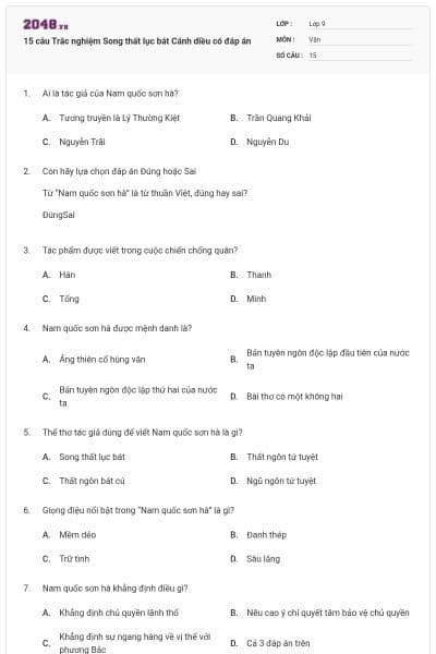 15 câu Trắc nghiệm Song thất lục bát Cánh diều có đáp án