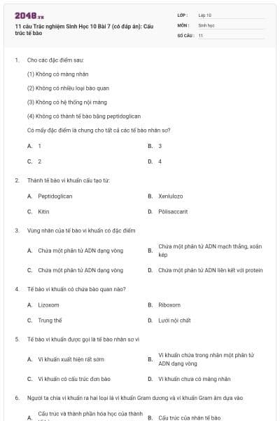 11 câu Trắc nghiệm Sinh Học 10 Bài 7 (có đáp án): Cấu trúc tế bào