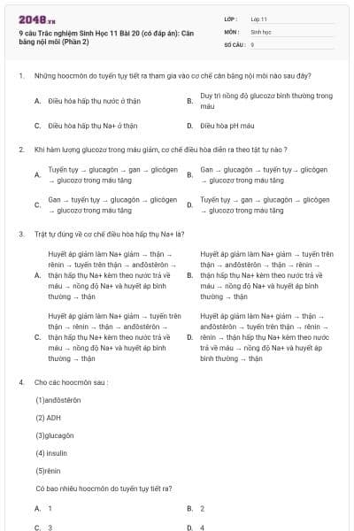 9 câu Trắc nghiệm Sinh Học 11 Bài 20 (có đáp án): Cân bằng nội môi (Phần 2)