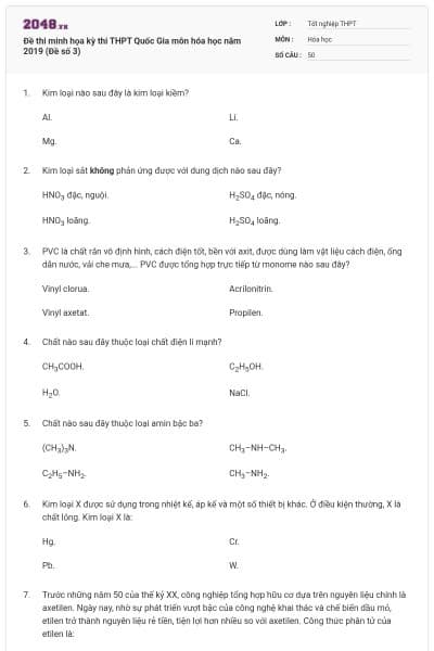 Đề thi minh họa kỳ thi THPT Quốc Gia môn hóa học năm 2019 (Đề số 3)