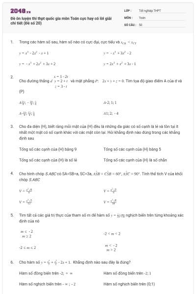Đề ôn luyện thi thpt quốc gia môn Toán cực hay có lời giải chi tiết (Đề số 20)