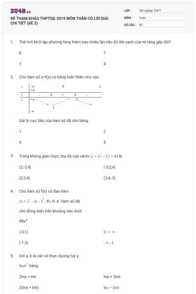 ĐỀ THAM KHẢO THPTQG 2019 MÔN TOÁN CÓ LỜI GIẢI CHI TIẾT (ĐỀ 2)