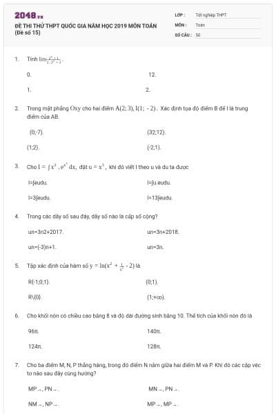 ĐỀ THI THỬ THPT QUỐC GIA NĂM HỌC 2019 MÔN TOÁN (Đề số 15)