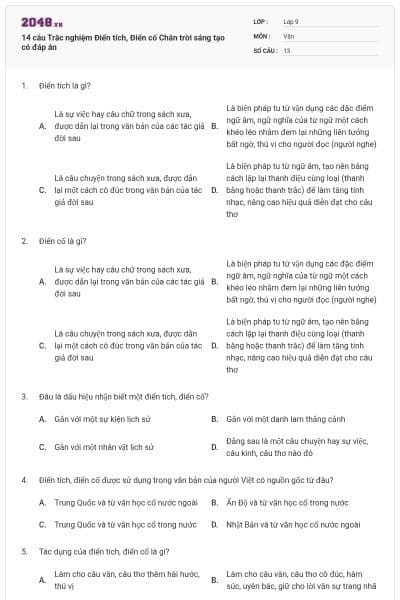 14 câu Trắc nghiệm Điển tích, Điển cố Chân trời sáng tạo có đáp án