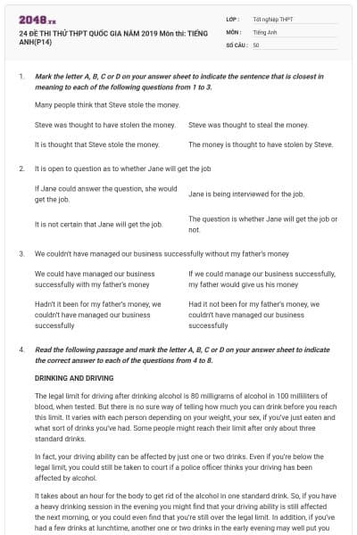 24 ĐỀ THI THỬ THPT QUỐC GIA NĂM 2019 Môn thi: TIẾNG ANH(P14)