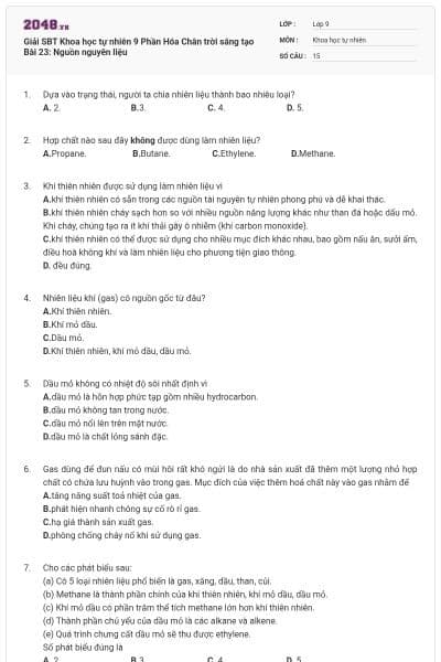 Giải SBT Khoa học tự nhiên 9 Phần Hóa Chân trời sáng tạo Bài 23: Nguồn nguyên liệu