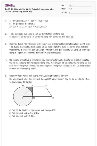 Bộ 15 đề thi ôn vào lớp 6 môn Toán chất lượng cao năm 2024 - 2025 có đáp án (Đề 11)