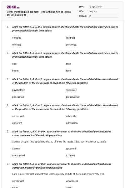 Đề thi thử thpt quốc gia môn Tiếng Anh cực hay có lời giải chi tiết ( Đề số 4)