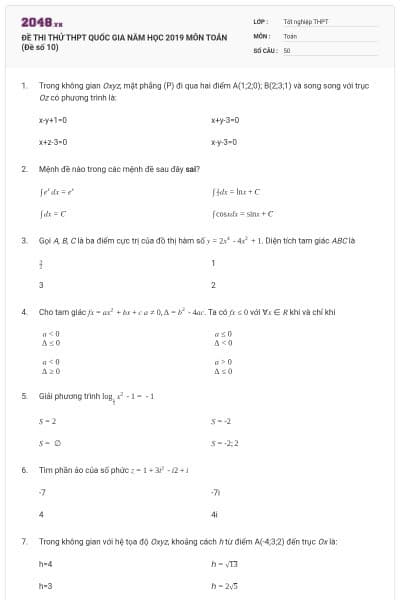 ĐỀ THI THỬ THPT QUỐC GIA NĂM HỌC 2019 MÔN TOÁN (Đề số 10)