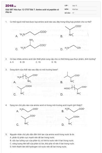 Giải SBT Hóa học 12 CTST Bài 7: Amino acid và peptide có đáp án