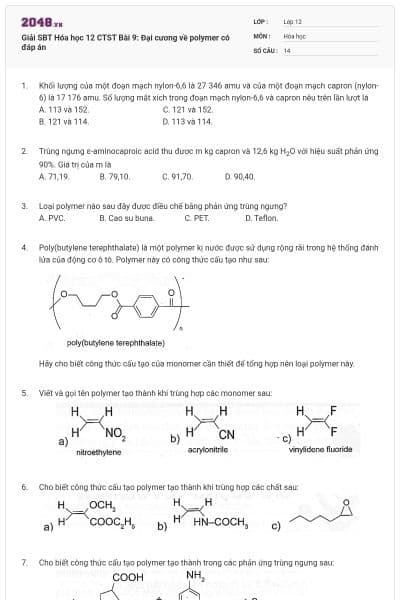 Giải SBT Hóa học 12 CTST Bài 9: Đại cương về polymer có đáp án