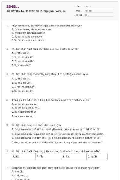 Giải SBT Hóa học 12 CTST Bài 13: Điện phân có đáp án