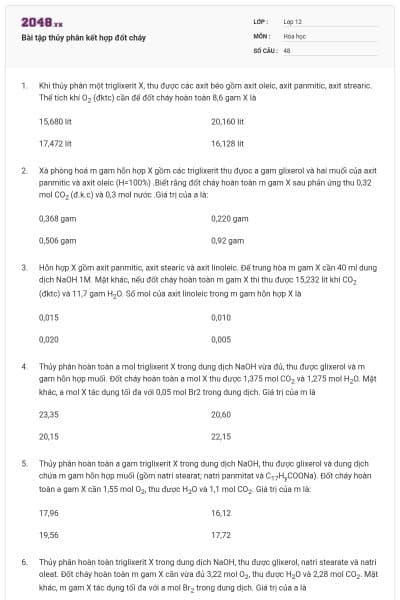 Bài tập thủy phân kết hợp đốt cháy