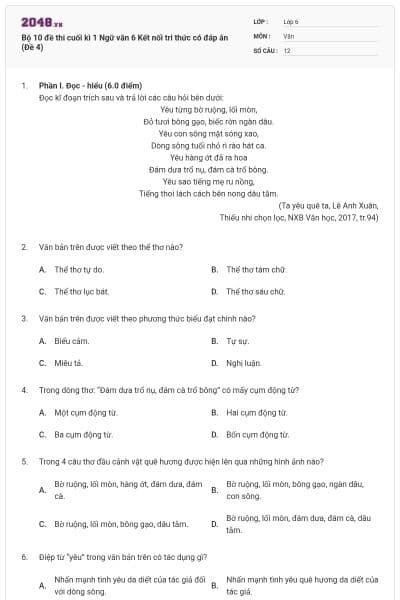 Bộ 10 đề thi cuối kì 1 Ngữ văn 6 Kết nối tri thức có đáp án (Đề 4)