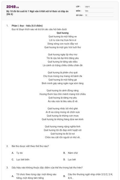 Bộ 10 đề thi cuối kì 1 Ngữ văn 6 Kết nối tri thức có đáp án (Đề 6)