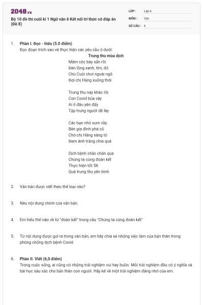 Bộ 10 đề thi cuối kì 1 Ngữ văn 6 Kết nối tri thức có đáp án (Đề 8)