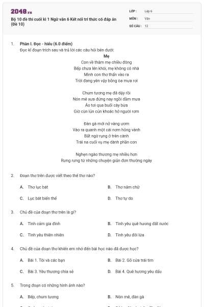 Bộ 10 đề thi cuối kì 1 Ngữ văn 6 Kết nối tri thức có đáp án (Đề 10)