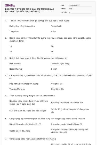 BỘ ĐỀ THI THPT QUỐC GIA CHUẨN CẤU TRÚC BỘ GIÁO DỤC & ĐÀO TẠO MÔN ĐỊA LÍ (ĐỀ SỐ 12)
