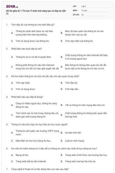 Đề thi giữa kì 1 Tin học 9 chân trời sáng tạo có đáp án (Đề 2)