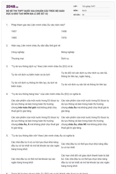 BỘ ĐỀ THI THPT QUỐC GIA CHUẨN CẤU TRÚC BỘ GIÁO DỤC & ĐÀO TẠO MÔN ĐỊA LÍ (ĐỀ SỐ 13)