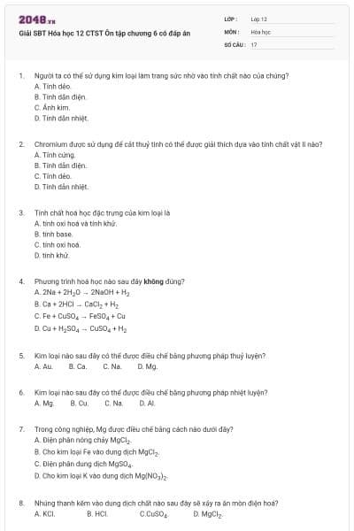 Giải SBT Hóa học 12 CTST Ôn tập chương 6 có đáp án
