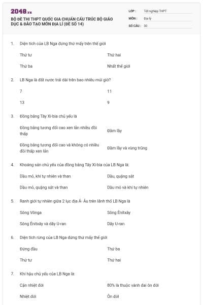 BỘ ĐỀ THI THPT QUỐC GIA CHUẨN CẤU TRÚC BỘ GIÁO DỤC & ĐÀO TẠO MÔN ĐỊA LÍ (ĐỀ SỐ 14)