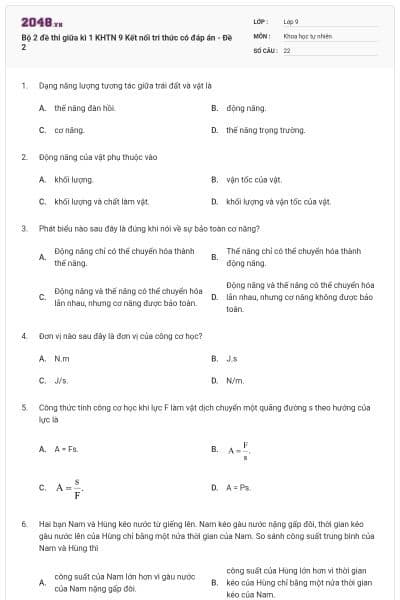 Bộ 2 đề thi giữa kì 1 KHTN 9 Kết nối tri thức có đáp án - Đề 2