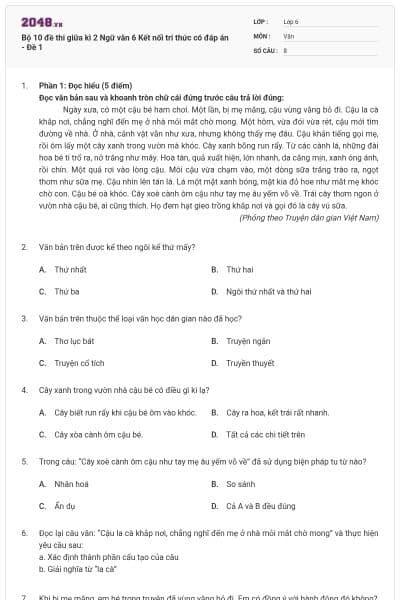 Bộ 10 đề thi giữa kì 2 Ngữ văn 6 Kết nối tri thức có đáp án - Đề 1