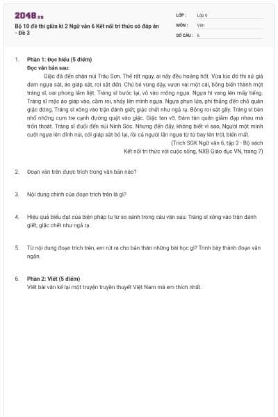 Bộ 10 đề thi giữa kì 2 Ngữ văn 6 Kết nối tri thức có đáp án - Đề 3