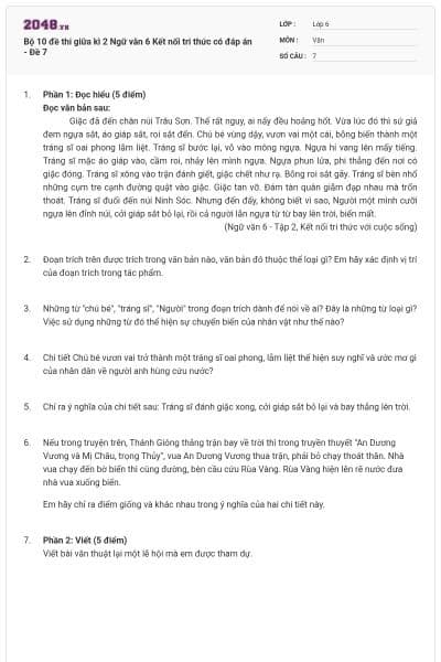 Bộ 10 đề thi giữa kì 2 Ngữ văn 6 Kết nối tri thức có đáp án - Đề 7