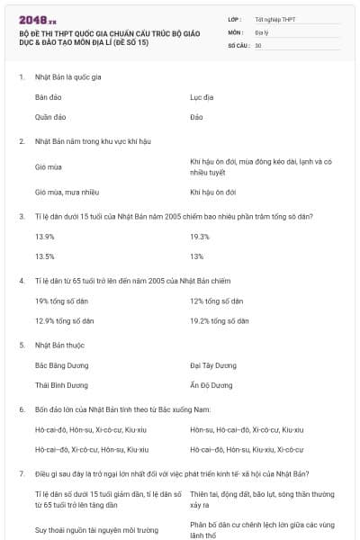 BỘ ĐỀ THI THPT QUỐC GIA CHUẨN CẤU TRÚC BỘ GIÁO DỤC & ĐÀO TẠO MÔN ĐỊA LÍ (ĐỀ SỐ 15)