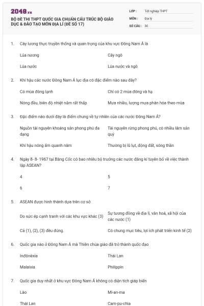 BỘ ĐỀ THI THPT QUỐC GIA CHUẨN CẤU TRÚC BỘ GIÁO DỤC & ĐÀO TẠO MÔN ĐỊA LÍ (ĐỀ SỐ 17)