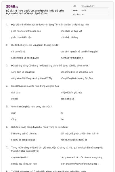 BỘ ĐỀ THI THPT QUỐC GIA CHUẨN CẤU TRÚC BỘ GIÁO DỤC & ĐÀO TẠO MÔN ĐỊA LÍ (ĐỀ SỐ 18)